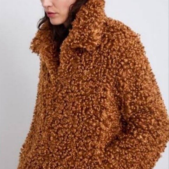 ZARA | Faux Fur Curly Sherpa Brown Lapel Jacket | Women's Small - Picture 15 of 15